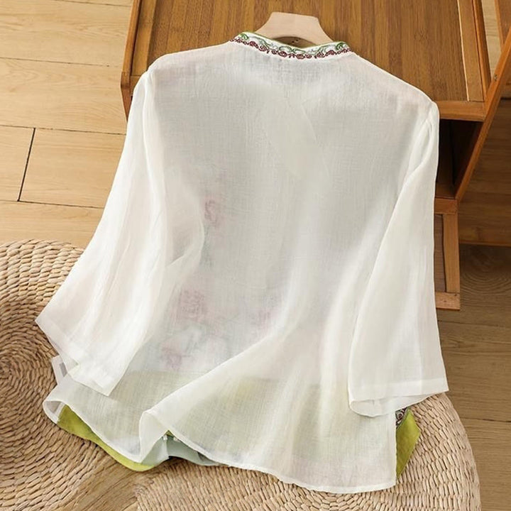 Buddha Stones Summer Ethnic Style Embroidery Flower Pattern Frog-Button Color Matching Women's Cotton Linen Three Quarter Sleeve Shirt - image 1