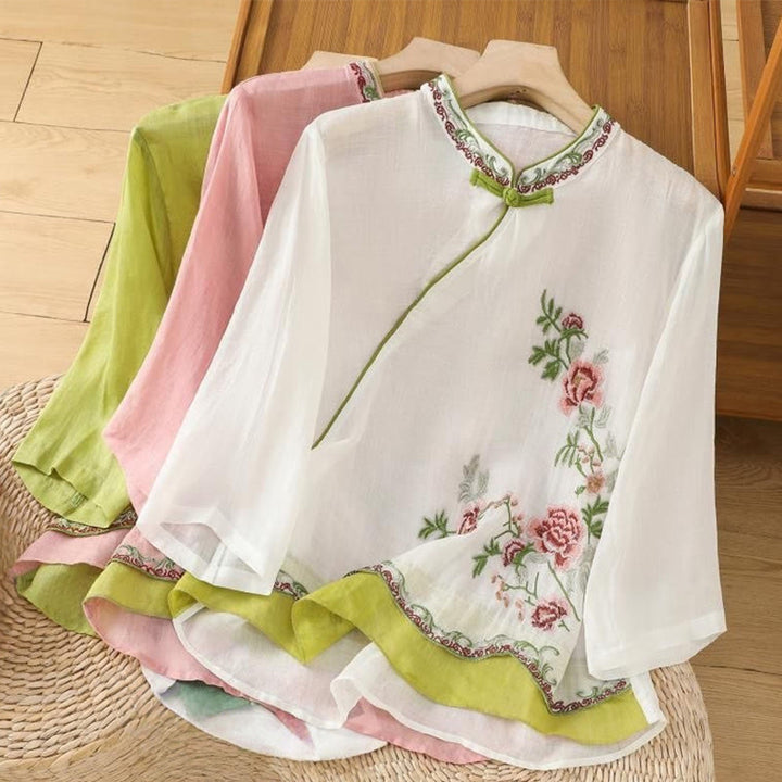 Buddha Stones Summer Ethnic Style Embroidery Flower Pattern Frog-Button Color Matching Women's Cotton Linen Three Quarter Sleeve Shirt - image 17