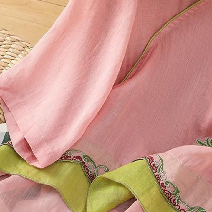 Buddha Stones Summer Ethnic Style Embroidery Flower Pattern Frog-Button Color Matching Women's Cotton Linen Three Quarter Sleeve Shirt - image 9