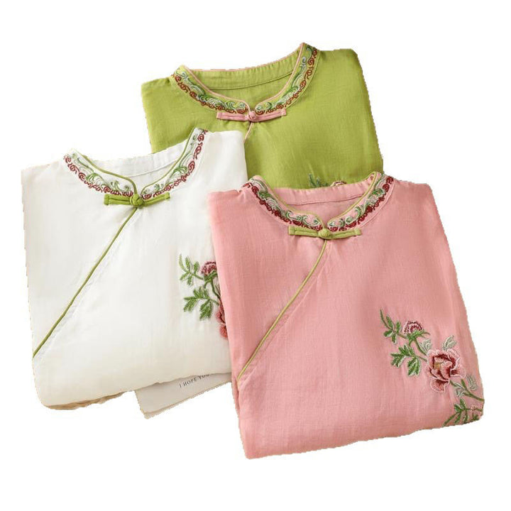 Buddha Stones Summer Ethnic Style Embroidery Flower Pattern Frog-Button Color Matching Women's Cotton Linen Three Quarter Sleeve Shirt - image 19