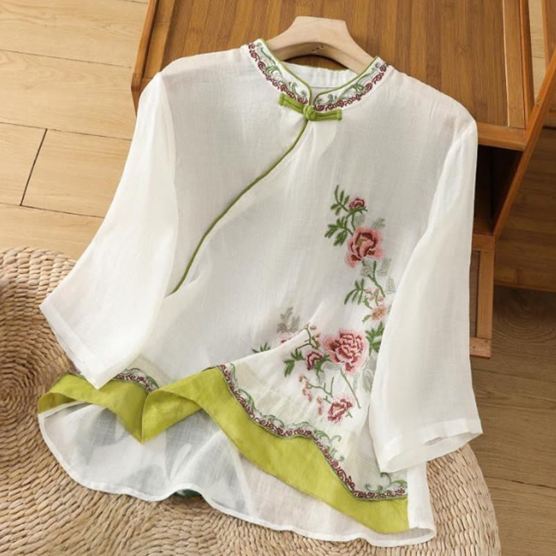 Buddha Stones Summer Ethnic Style Embroidery Flower Pattern Frog-Button Color Matching Women's Cotton Linen Three Quarter Sleeve Shirt - White - US8-10，UK/AU12-14，EU40-42 (2XL) - image 0