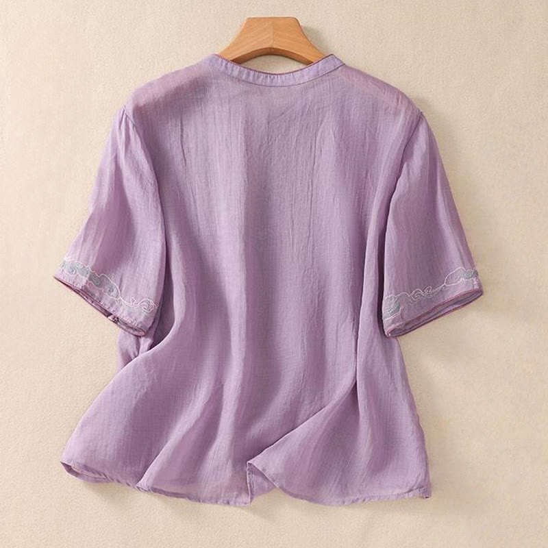 Buddha Stones Casual Retro Embroidery Frog-Button Design Women's Cotton Linen Half Sleeve Shirt - image 1