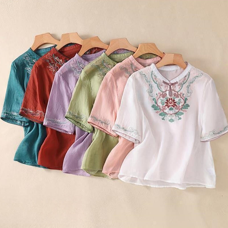 Buddha Stones Casual Retro Embroidery Frog-Button Design Women's Cotton Linen Half Sleeve Shirt - image 19