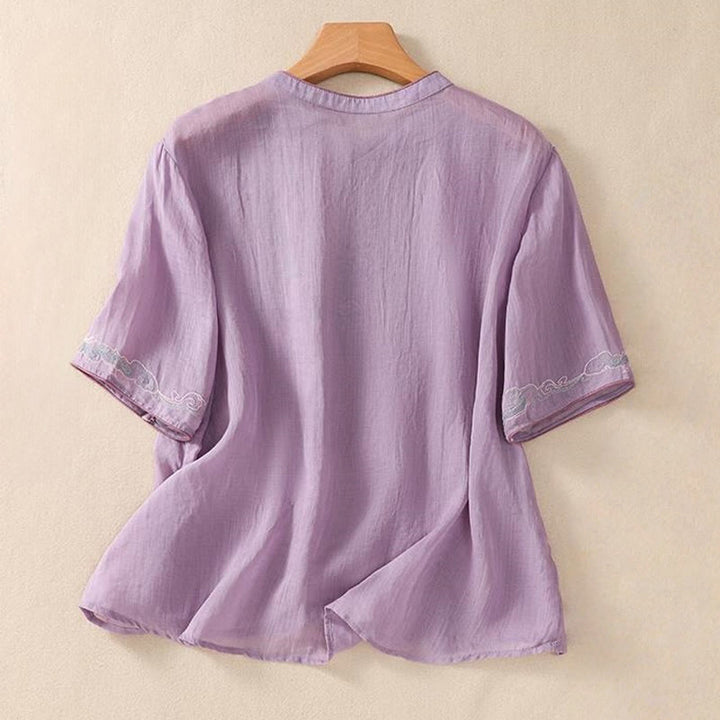 Buddha Stones Casual Retro Embroidery Frog-Button Design Women's Cotton Linen Half Sleeve Shirt - image 1