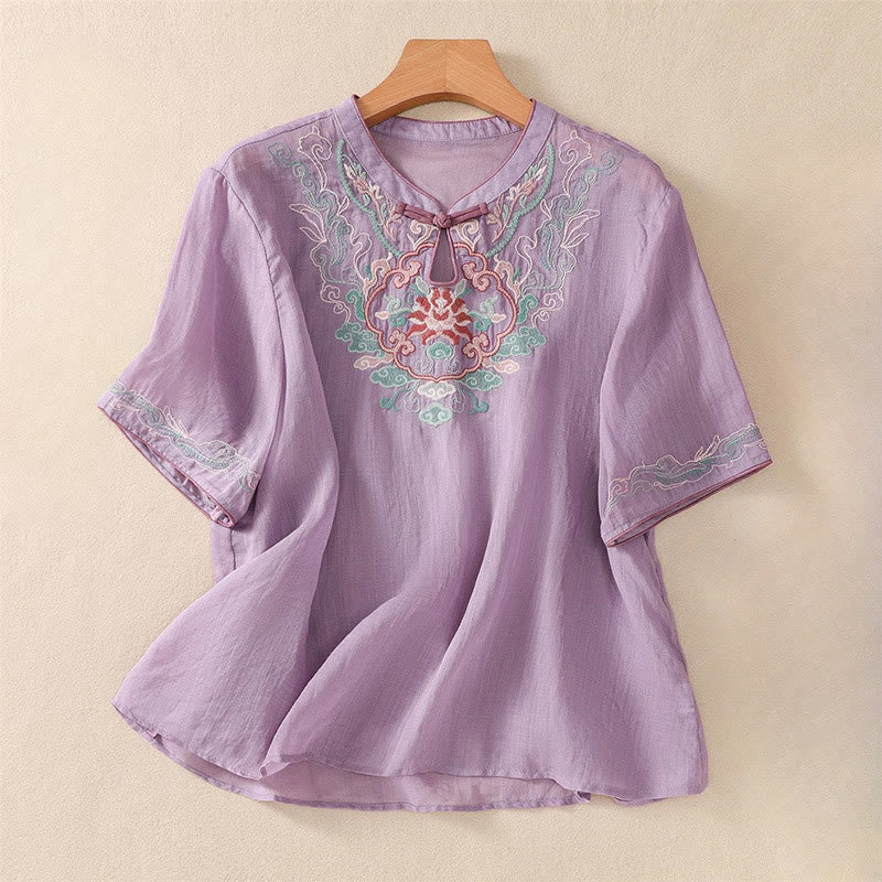 Buddha Stones Casual Retro Embroidery Frog-Button Design Women's Cotton Linen Half Sleeve Shirt - MediumOrchid - US14，UK/AU18，EU46 (4XL) - image 0