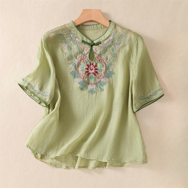 Buddha Stones Casual Retro Embroidery Frog-Button Design Women's Cotton Linen Half Sleeve Shirt - LightGreen - US14，UK/AU18，EU46 (4XL) - image 2