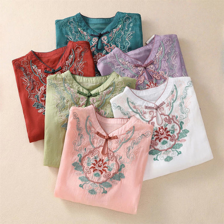 Buddha Stones Casual Retro Embroidery Frog-Button Design Women's Cotton Linen Half Sleeve Shirt - image 20