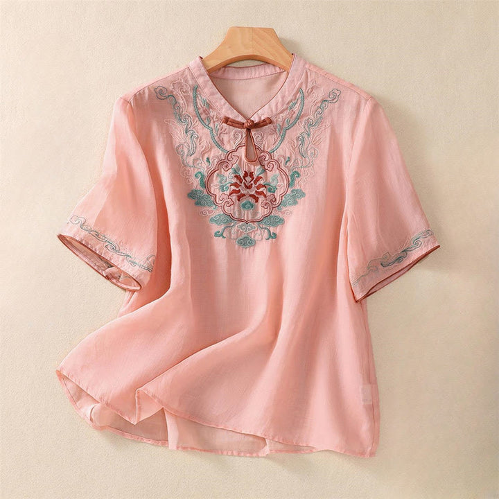 Buddha Stones Casual Retro Embroidery Frog-Button Design Women's Cotton Linen Half Sleeve Shirt - LightSalmon - US12，UK/AU16，EU44 (4XL) - image 5