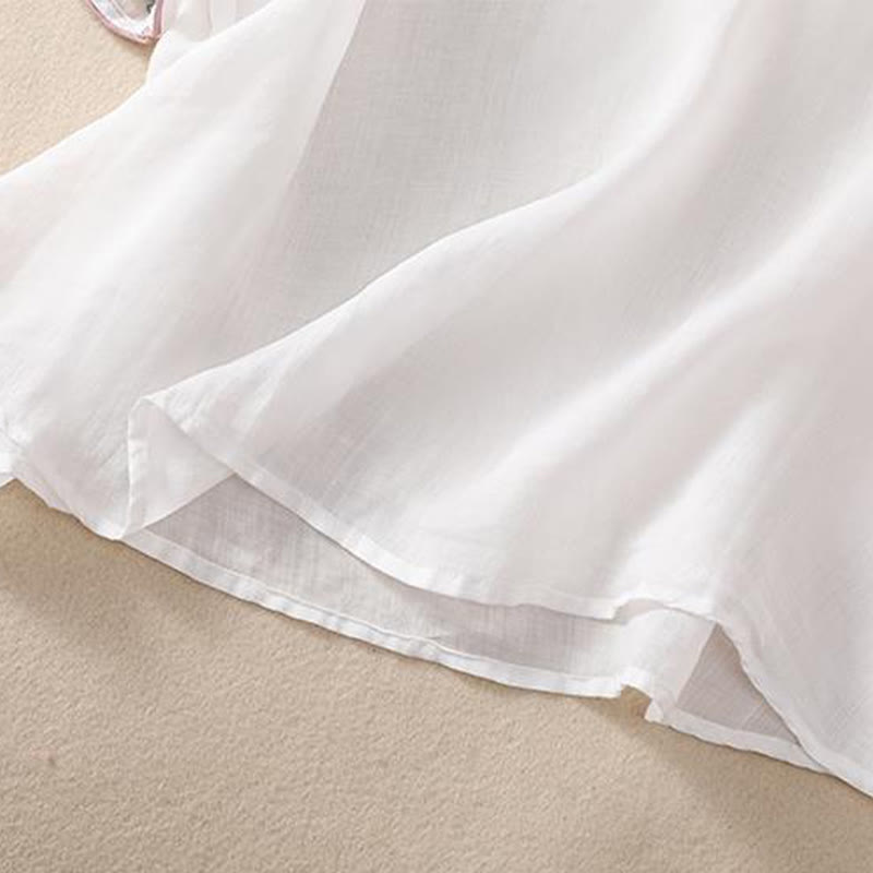 Buddha Stones Casual Retro Embroidery Frog-Button Design Women's Cotton Linen Half Sleeve Shirt - image 16