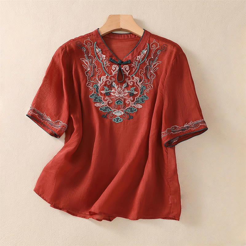 Buddha Stones Casual Retro Embroidery Frog-Button Design Women's Cotton Linen Half Sleeve Shirt - FireBrick - US12，UK/AU16，EU44 (4XL) - image 17