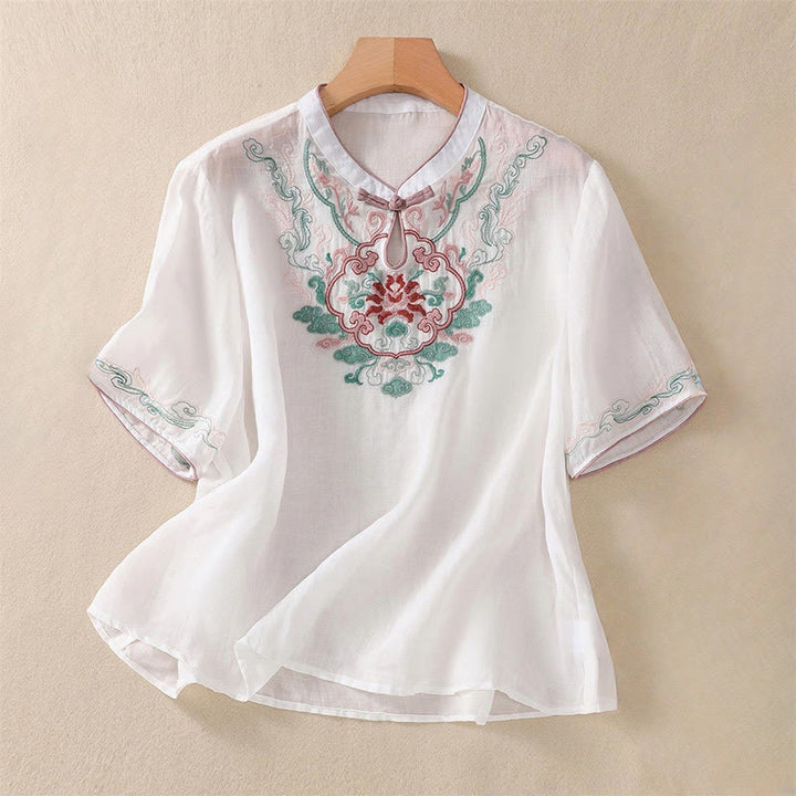 Buddha Stones Casual Retro Embroidery Frog-Button Design Women's Cotton Linen Half Sleeve Shirt - White - US12，UK/AU16，EU44 (4XL) - image 12