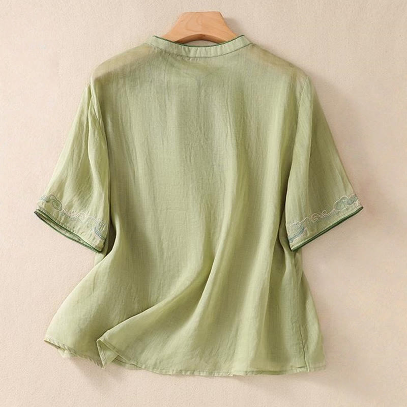 Buddha Stones Casual Retro Embroidery Frog-Button Design Women's Cotton Linen Half Sleeve Shirt - image 3