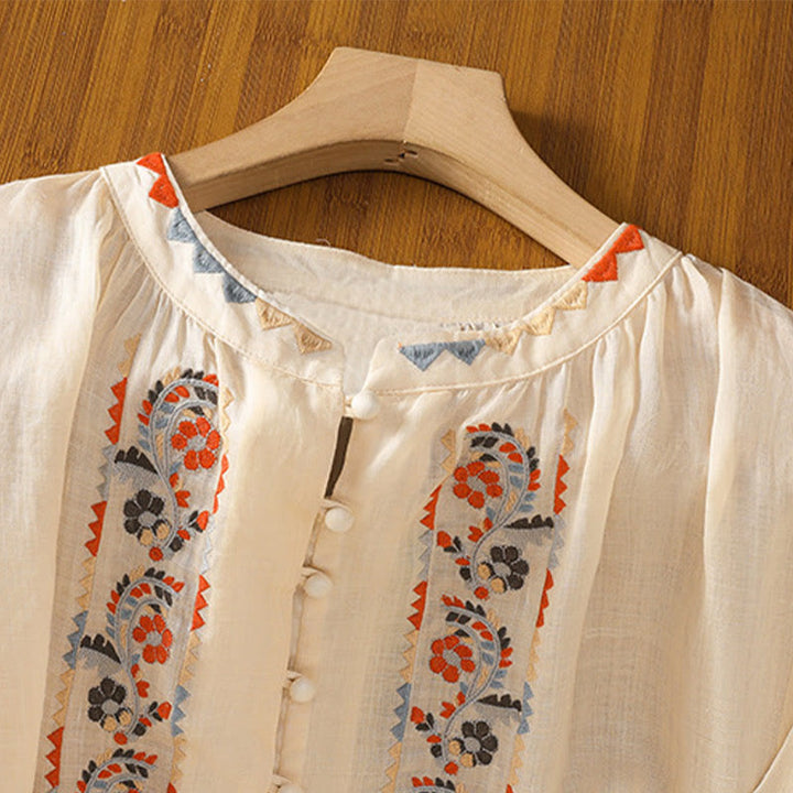 Buddha Stones Vintage Embroidery Single Row Multi-Button Placket Design Women's Cotton Linen Long Lantern Sleeve Shirt - image 2