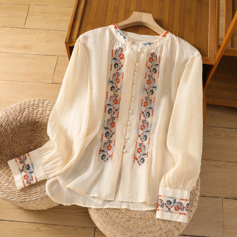 Buddha Stones Vintage Embroidery Single Row Multi-Button Placket Design Women's Cotton Linen Long Lantern Sleeve Shirt - Beige - US8-10，UK/AU12-14，EU40-42 (2XL) - image 0