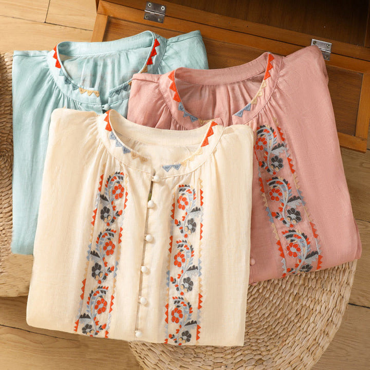 Buddha Stones Vintage Embroidery Single Row Multi-Button Placket Design Women's Cotton Linen Long Lantern Sleeve Shirt - image 16