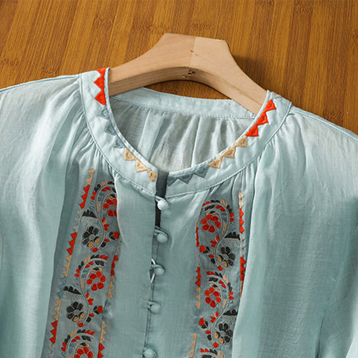 Buddha Stones Vintage Embroidery Single Row Multi-Button Placket Design Women's Cotton Linen Long Lantern Sleeve Shirt - image 13