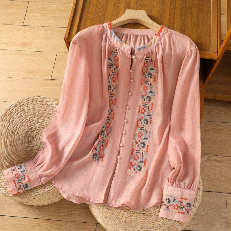 Buddha Stones Vintage Embroidery Single Row Multi-Button Placket Design Women's Cotton Linen Long Lantern Sleeve Shirt - Salmon - US8-10，UK/AU12-14，EU40-42 (2XL) - image 5