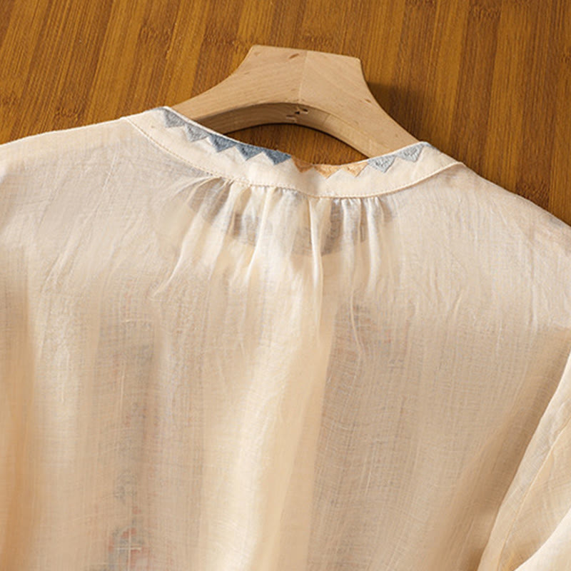 Buddha Stones Vintage Embroidery Single Row Multi-Button Placket Design Women's Cotton Linen Long Lantern Sleeve Shirt - image 3