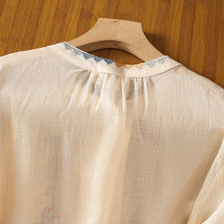 Buddha Stones Vintage Embroidery Single Row Multi-Button Placket Design Women's Cotton Linen Long Lantern Sleeve Shirt - image 3