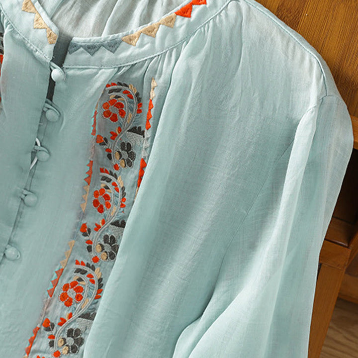 Buddha Stones Vintage Embroidery Single Row Multi-Button Placket Design Women's Cotton Linen Long Lantern Sleeve Shirt - image 14