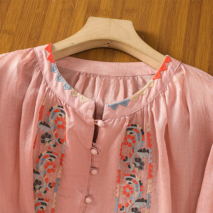 Buddha Stones Vintage Embroidery Single Row Multi-Button Placket Design Women's Cotton Linen Long Lantern Sleeve Shirt - image 6