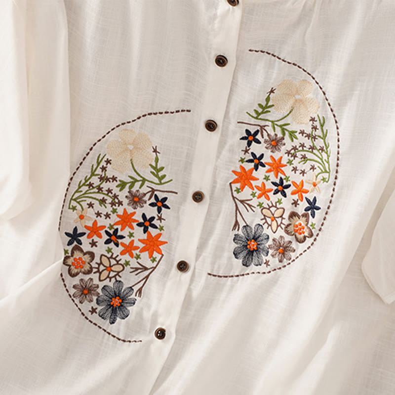 Buddha Stones Vintage Asymmetrical Embroidery Flower Plant Pattern Women's Cotton Linen Short Sleeve Jacket Shirt - image 26