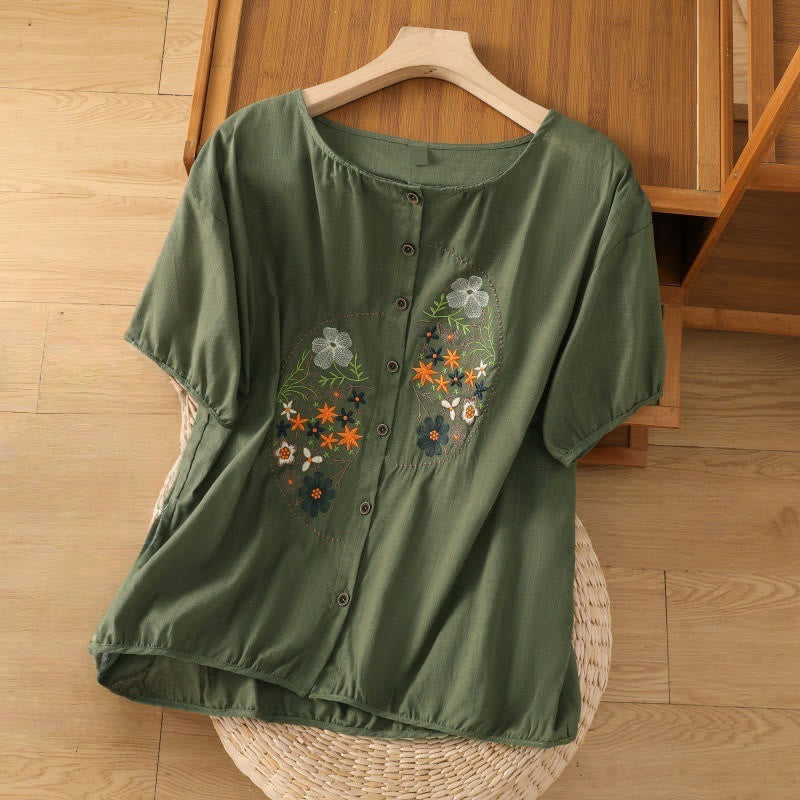 Buddha Stones Vintage Asymmetrical Embroidery Flower Plant Pattern Women's Cotton Linen Short Sleeve Jacket Shirt - DarkGreen - US14，UK/AU18，EU46 (2XL) - image 0