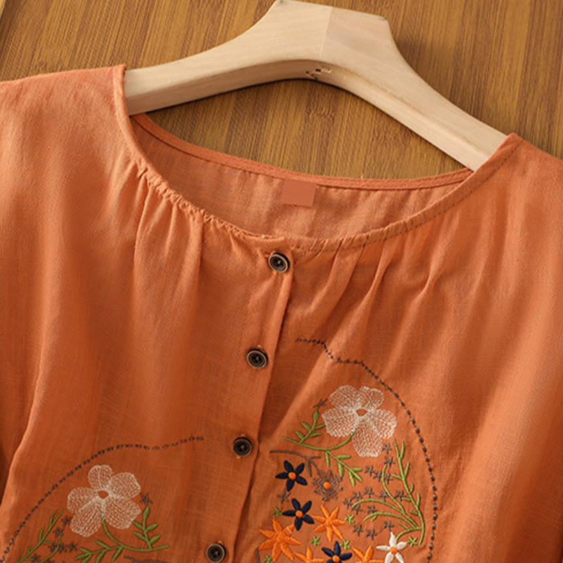Buddha Stones Vintage Asymmetrical Embroidery Flower Plant Pattern Women's Cotton Linen Short Sleeve Jacket Shirt - image 17