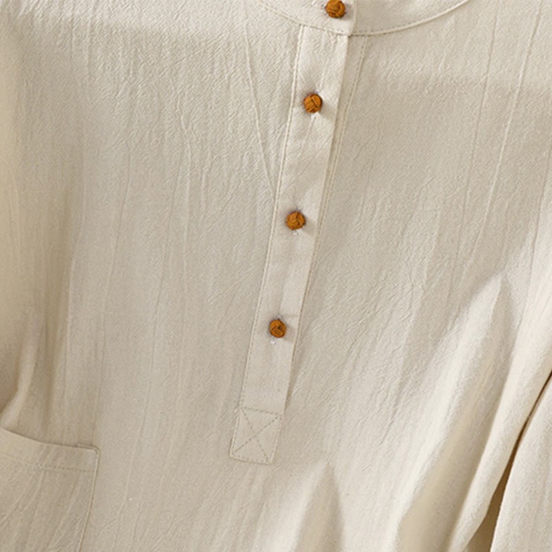 Buddha Stones Summer Casual Pure Color Half Button Simple Design Women's Cotton Linen Half Sleeve Shirt With Pocket - image 3