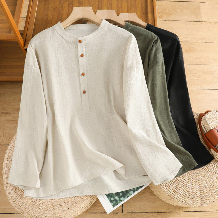 Buddha Stones Summer Casual Pure Color Half Button Simple Design Women's Cotton Linen Half Sleeve Shirt With Pocket - image 22