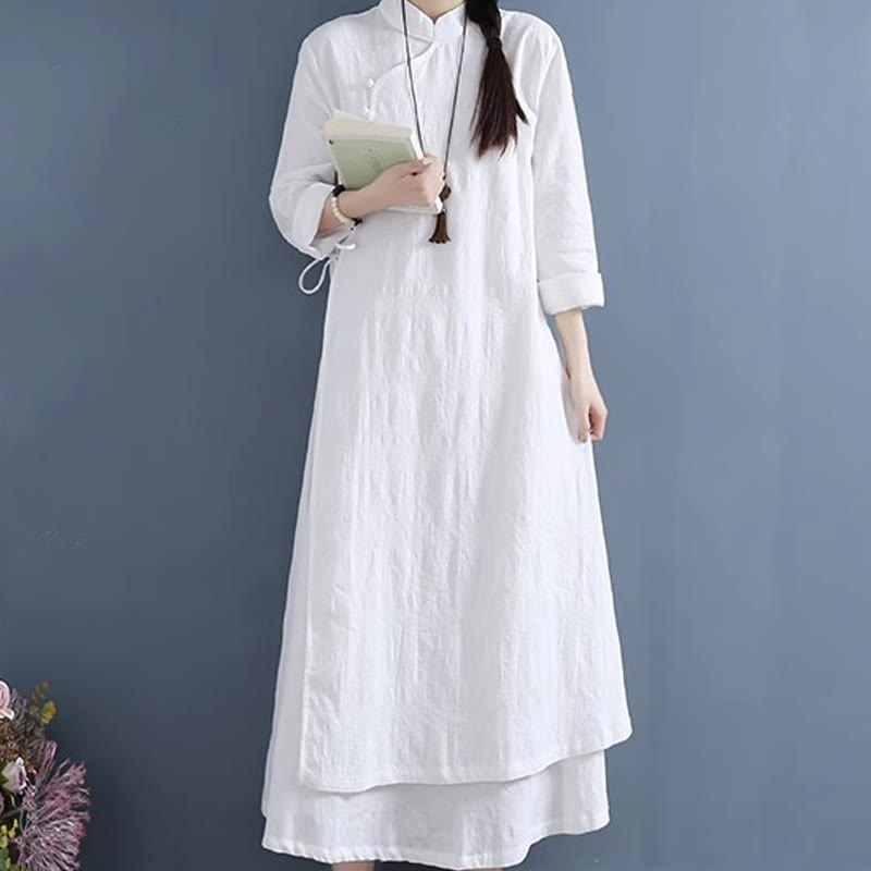 Buddha Stones Spring Casual Plain Frog-Button Design Side Lace-Up Cotton Linen Midi Dress - image 2