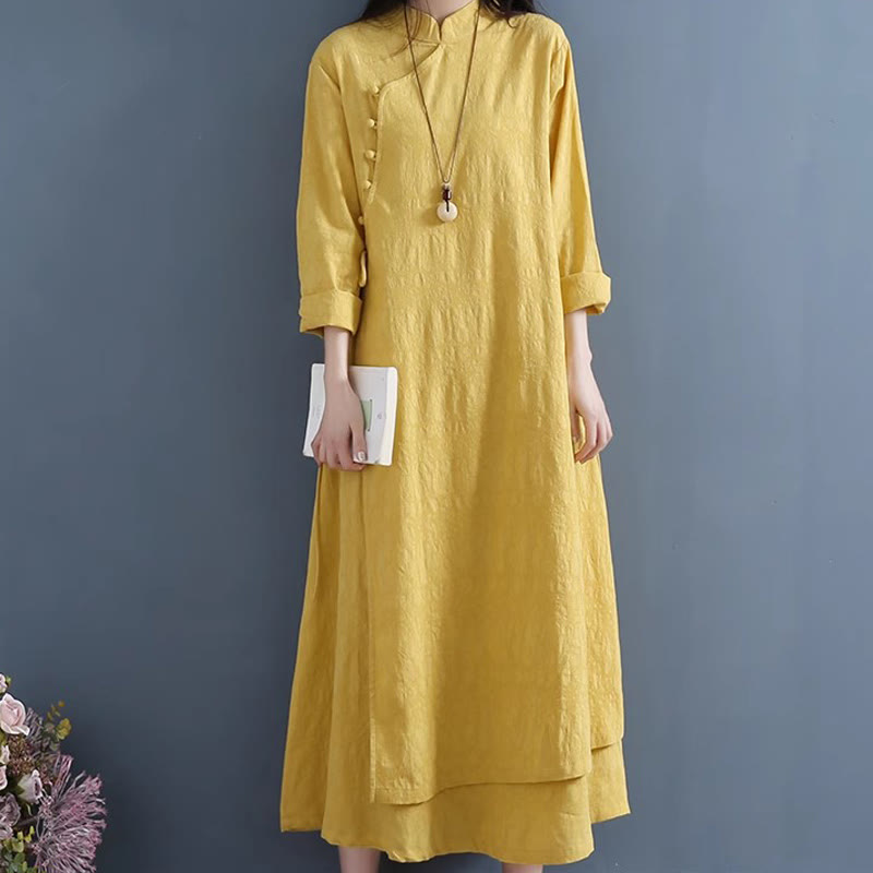 Buddha Stones Spring Casual Plain Frog-Button Design Side Lace-Up Cotton Linen Midi Dress - image 7