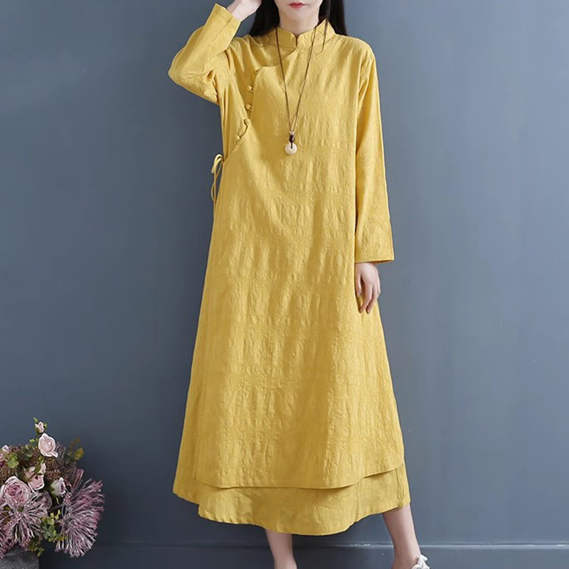 Buddha Stones Spring Casual Plain Frog-Button Design Side Lace-Up Cotton Linen Midi Dress - image 5
