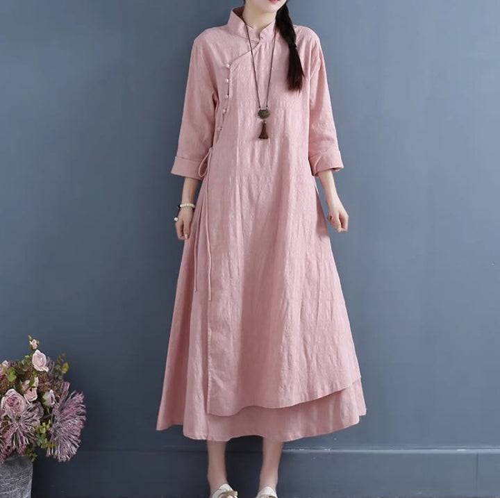 Buddha Stones Spring Casual Plain Frog-Button Design Side Lace-Up Cotton Linen Midi Dress - LightPink - US8-10，UK/AU12-14，EU40-42 (2XL) - image 16