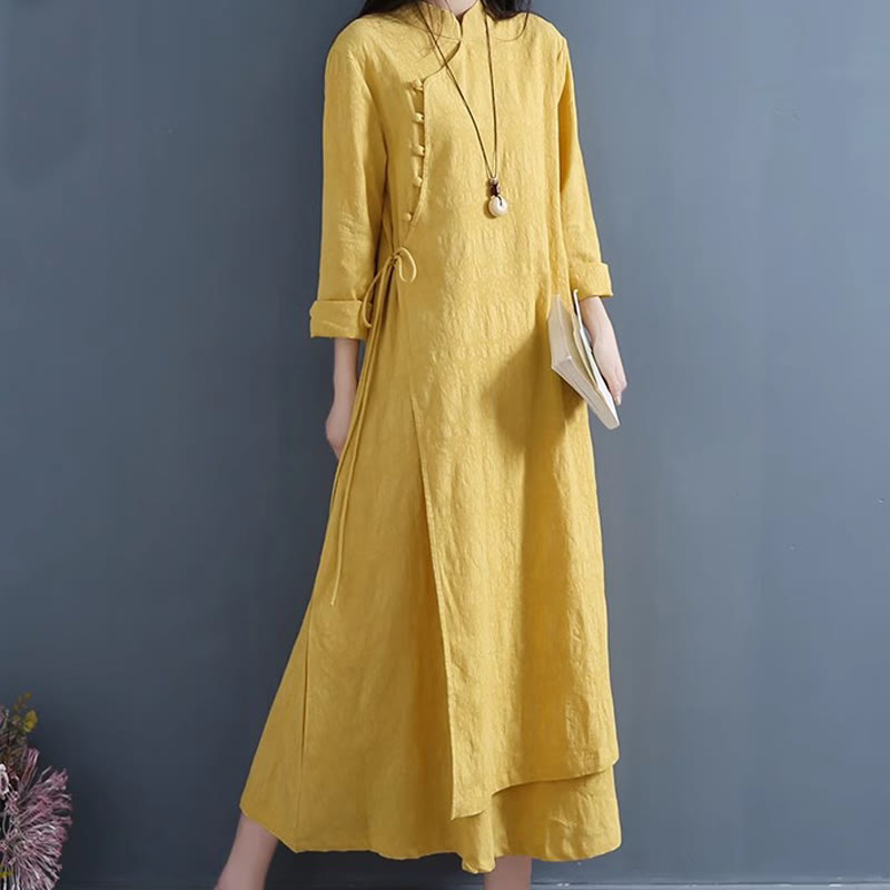 Buddha Stones Spring Casual Plain Frog-Button Design Side Lace-Up Cotton Linen Midi Dress - image 5