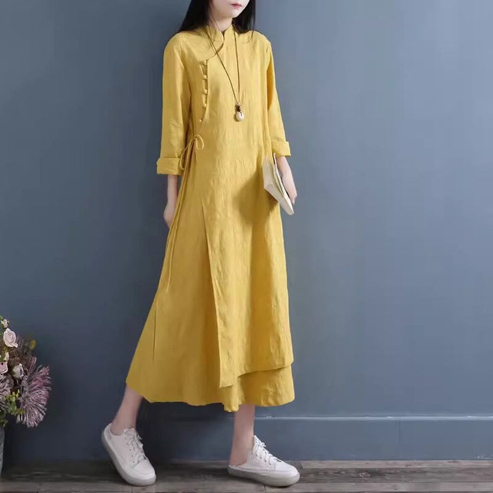 Buddha Stones Spring Casual Plain Frog-Button Design Side Lace-Up Cotton Linen Midi Dress - Gold - US8-10，UK/AU12-14，EU40-42 (2XL) - image 3