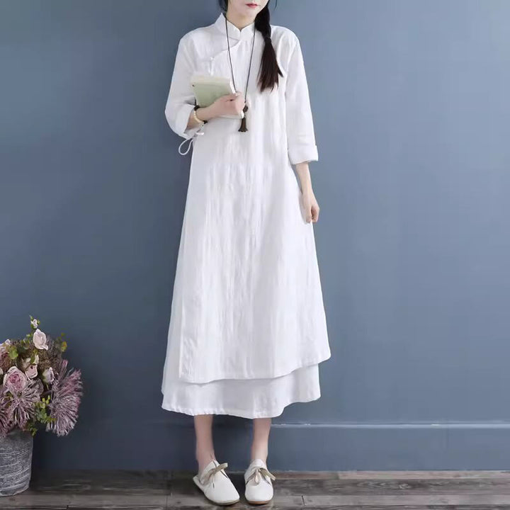 Buddha Stones Spring Casual Plain Frog-Button Design Side Lace-Up Cotton Linen Midi Dress - image 3