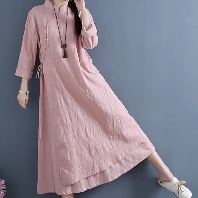 Buddha Stones Spring Casual Plain Frog-Button Design Side Lace-Up Cotton Linen Midi Dress - image 17