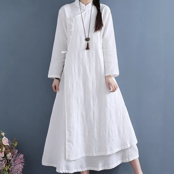 Buddha Stones Spring Casual Plain Frog-Button Design Side Lace-Up Cotton Linen Midi Dress - White - US8-10，UK/AU12-14，EU40-42 (2XL) - image 0