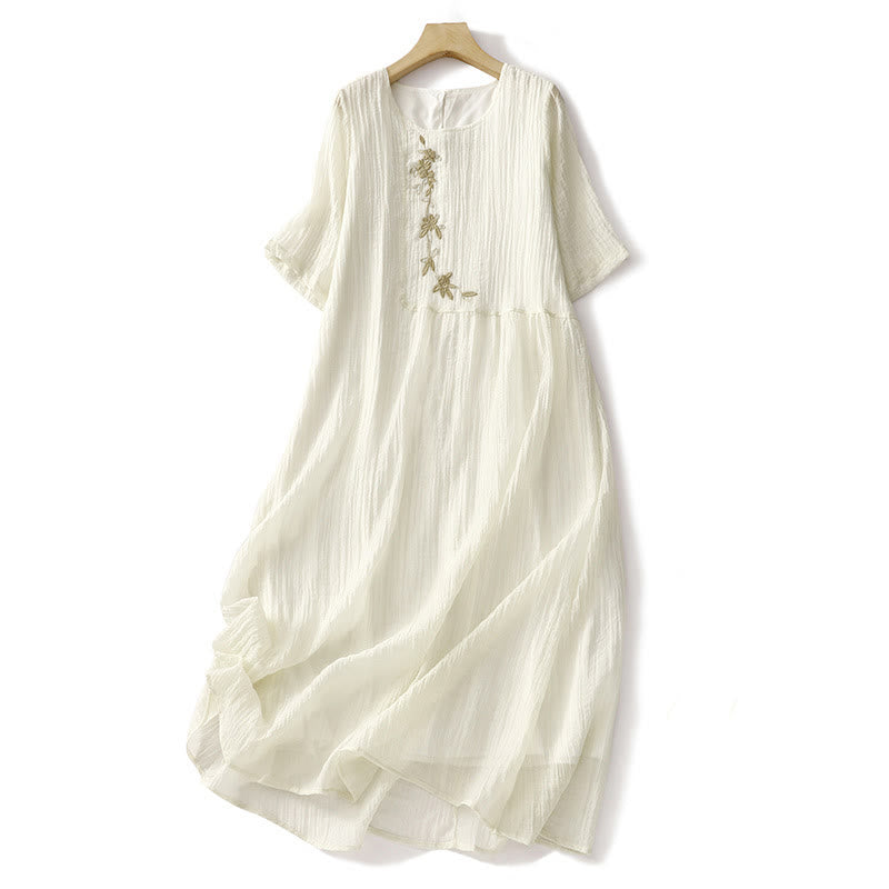 Buddha Stones Summer Casual Plain Embroidery Double Layer Short Sleeve Cotton Linen Midi Dress - LightYellow - US8-10，UK/AU12-14，EU40-42 (2XL) - image 9