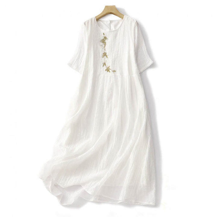 Buddha Stones Summer Casual Plain Embroidery Double Layer Short Sleeve Cotton Linen Midi Dress - White - US8-10，UK/AU12-14，EU40-42 (2XL) - image 22