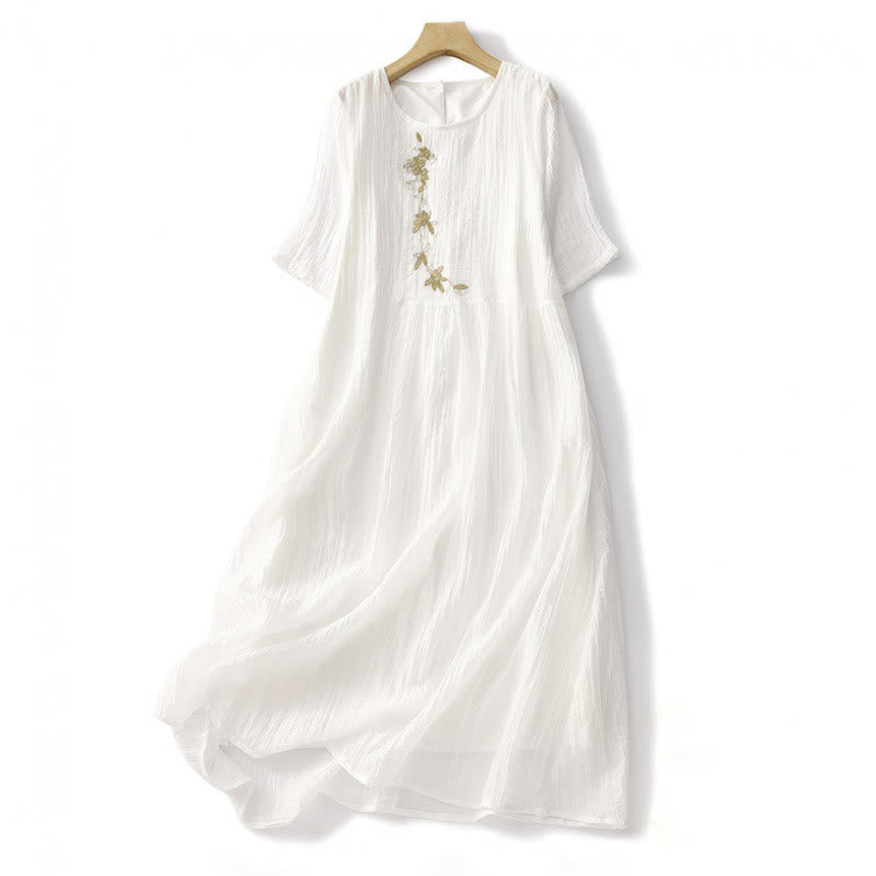 Buddha Stones Summer Casual Plain Embroidery Double Layer Short Sleeve Cotton Linen Midi Dress - White - US8-10，UK/AU12-14，EU40-42 (2XL) - image 21