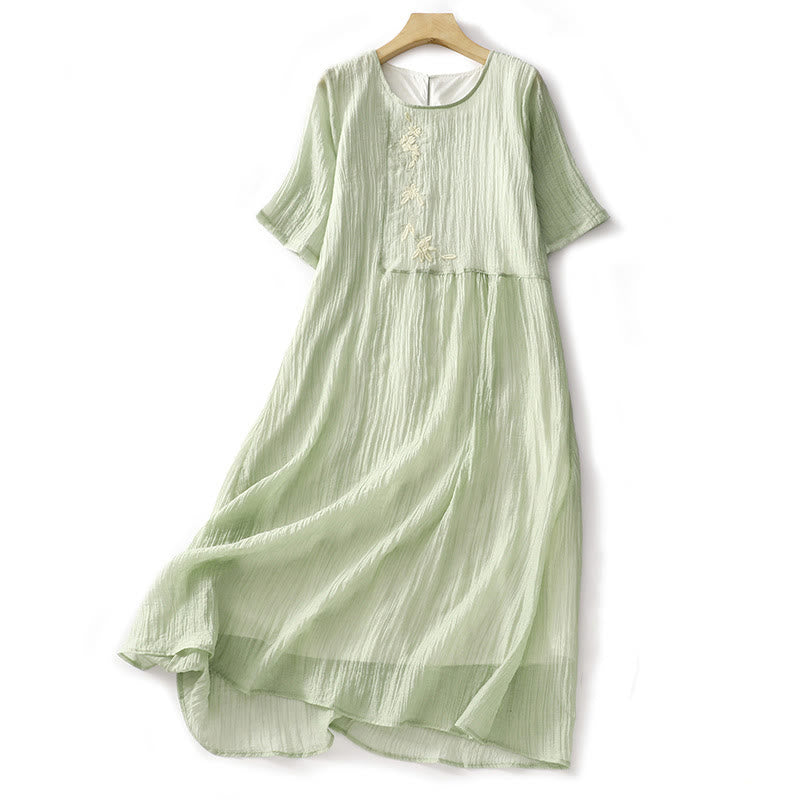 Buddha Stones Summer Casual Plain Embroidery Double Layer Short Sleeve Cotton Linen Midi Dress - PaleGreen - US8-10，UK/AU12-14，EU40-42 (2XL) - image 1