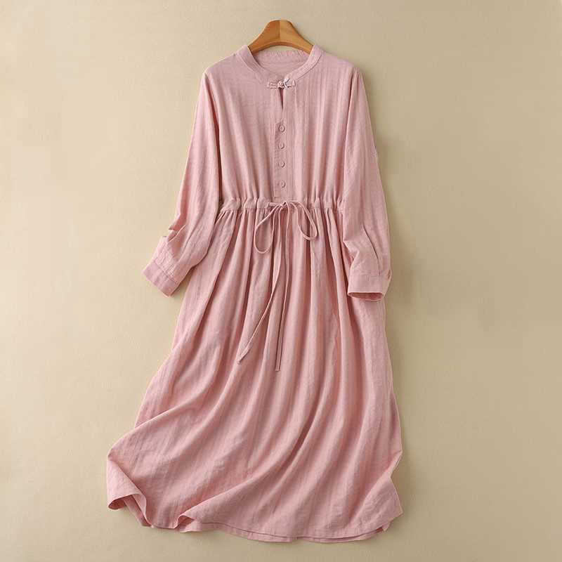 Buddha Stones Retro Solid Color Drawstring Frog-Button Design Long Sleeve Cotton Linen Midi Dress With Pockets - Salmon - US8-10，UK/AU12-14，EU40-42 (2XL) - image 20