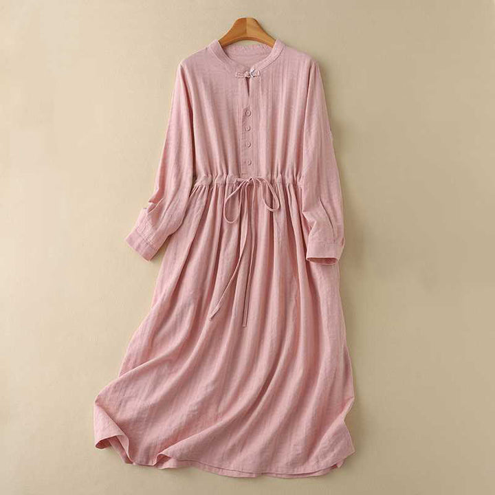 Buddha Stones Retro Solid Color Drawstring Frog-Button Design Long Sleeve Cotton Linen Midi Dress With Pockets - Salmon - US8-10，UK/AU12-14，EU40-42 (2XL) - image 20