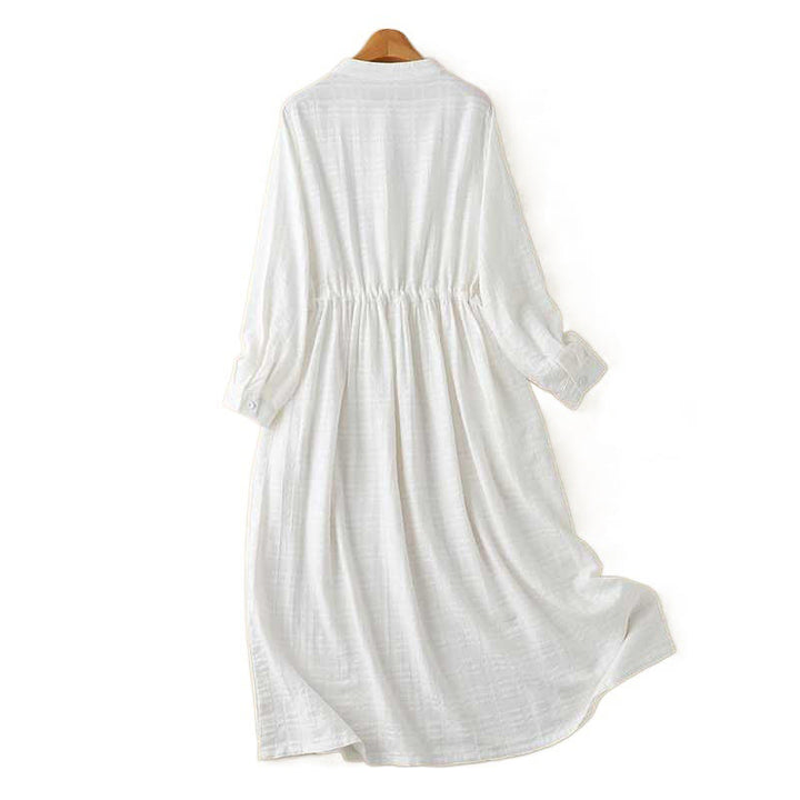 Buddha Stones Retro Solid Color Drawstring Frog-Button Design Long Sleeve Cotton Linen Midi Dress With Pockets - image 19