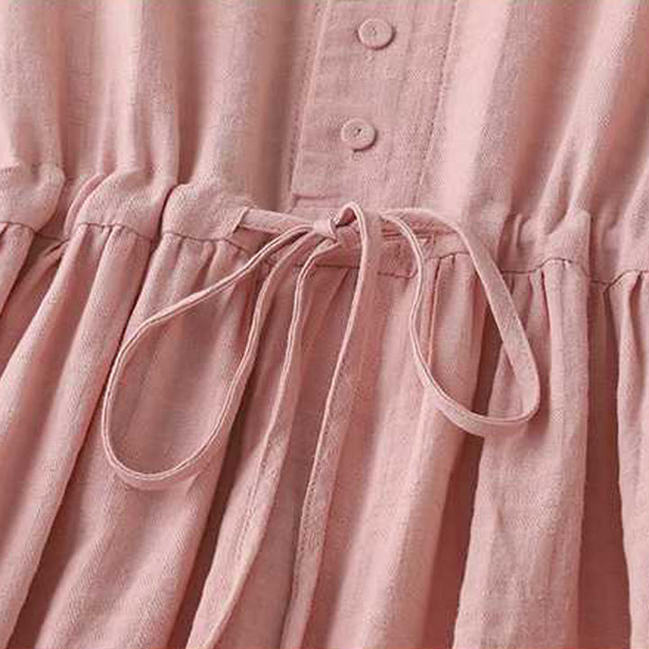 Buddha Stones Retro Solid Color Drawstring Frog-Button Design Long Sleeve Cotton Linen Midi Dress With Pockets - image 24