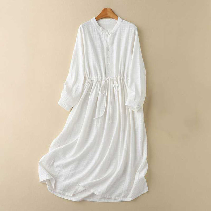 Buddha Stones Retro Solid Color Drawstring Frog-Button Design Long Sleeve Cotton Linen Midi Dress With Pockets - White - US8-10，UK/AU12-14，EU40-42 (2XL) - image 7