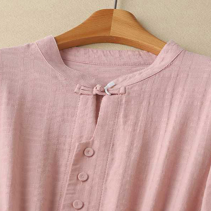 Buddha Stones Retro Solid Color Drawstring Frog-Button Design Long Sleeve Cotton Linen Midi Dress With Pockets - image 21