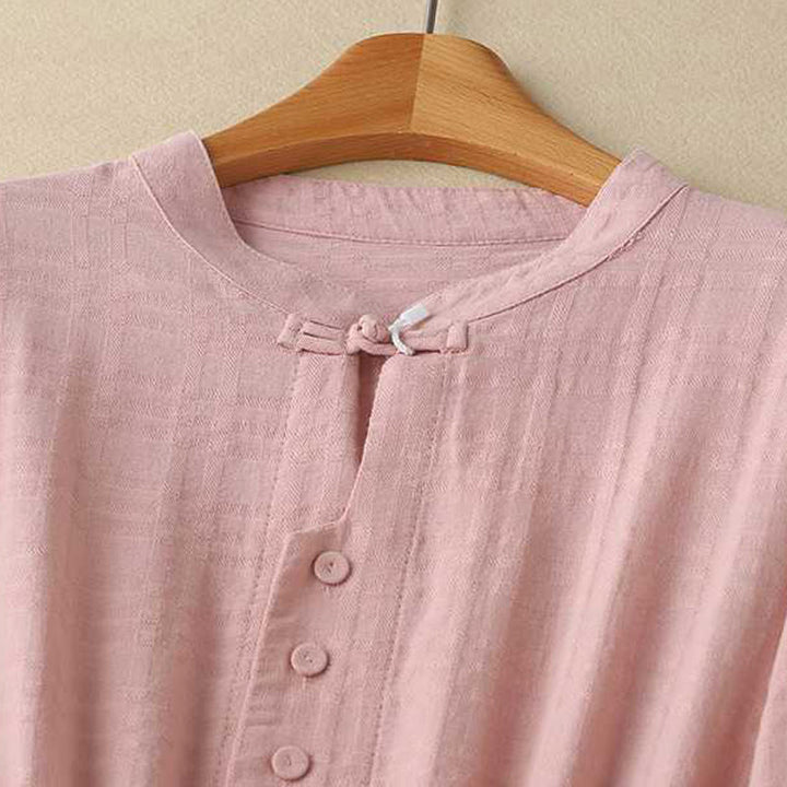 Buddha Stones Retro Solid Color Drawstring Frog-Button Design Long Sleeve Cotton Linen Midi Dress With Pockets - image 21